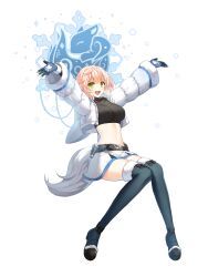 Rule 34 | 1girl, :d, arms up, belt, belt pouch, black footwear, black gloves, black shirt, black thighhighs, blonde hair, boots, breasts, closers, crop top, cropped jacket, fox tail, fur trim, gloves, green eyes, highres, hood, hood down, hooded jacket, invisible chair, jacket, large breasts, long sleeves, looking at viewer, midriff, miniskirt, navel, official art, open clothes, open jacket, open mouth, outstretched arms, pouch, ribbed shirt, shirt, short hair, sitting, skirt, smile, solo, soma (closers), stomach, tail, thigh boots, thighhighs, thighs, turtleneck, white jacket, white skirt, wide sleeves, zettai ryouiki