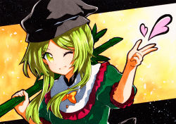 Rule 34 | 1girl, bad id, bad pixiv id, black border, black hat, border, dress, gradient background, green dress, green hair, hands up, hat, heart, looking at viewer, open mouth, puffy short sleeves, puffy sleeves, qqqrinkappp, short hair, short hair with long locks, short sleeves, smile, solo, teireida mai, touhou, traditional media, yellow background