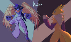 Rule 34 | 1boy, 1girl, absurdres, animal ears, anubimon, artist request, black hair, bracelet, claws, digimon, digimon (creature), egyptian, egyptian clothes, flying, fox ears, fox tail, furry, highres, jewelry, long hair, looking at viewer, looking to the side, renamon, tail, very long hair, wings