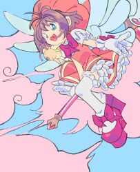 Rule 34 | 1girl, antenna hair, beret, blue sky, bow, broom, broom riding, brown hair, cardcaptor sakura, cloud, commentary request, dress, flying, frilled dress, frills, fuuin no tsue, gloves, green eyes, hat, highres, kero (cardcaptor sakura), kinomoto sakura, magical girl, open mouth, red bow, red dress, red footwear, red headwear, short hair, sky, smile, sono (samusu gi), thighhighs, white gloves, white thighhighs, wings