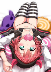Rule 34 | &gt;:), 1girl, alternate hairstyle, aqua eyes, arms up, bikini, black bikini, blush, braid, breasts, commentary request, demon horns, highres, horns, jacket, kurosawa ruby, long sleeves, looking at viewer, love live!, love live! school idol festival, love live! sunshine!!, lying, micro bikini, mouth hold, navel, on back, red hair, short hair, side braid, small breasts, smile, solo, striped clothes, striped thighhighs, stuffed toy, swimsuit, thigh gap, thighhighs, upside-down, v-shaped eyebrows, yopparai oni