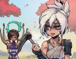 Rule 34 | 2girls, :d, bare shoulders, blush, breasts, brown eyes, brown hair, collarbone, commentary, flying sweatdrops, grass, grey hair, holding, holding weapon, karma (league of legends), large breasts, league of legends, medium breasts, multiple girls, open mouth, outdoors, petals, phantom ix row, riven (league of legends), short hair, smile, symbol-only commentary, tree, weapon