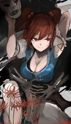 Rule 34 | 1girl, blue vest, breasts, character request, cleavage, closed mouth, flower, grey shorts, hair bobbles, hair ornament, hand up, hands up, highres, holding, holding skull, large breasts, necro (nekurodayo), puffy short sleeves, puffy sleeves, red eyes, red flower, red hair, red ribbon, ribbon, shirt, short sleeves, shorts, skeleton, skull, smile, solo, spider lily, touhou, twintails, vest, white shirt