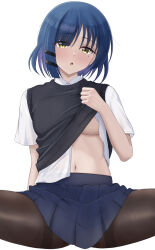 1girl :o absurdres areola_slip asymmetrical_bangs asymmetrical_hair asymmetrical_sidelocks black_pantyhose black_sweater_vest blue_hair blue_skirt blush bocchi_the_rock! breasts clothes_lift commentary_request hair_ornament highres lifting_own_clothes looking_at_viewer makise_(mix020511) miniskirt mole mole_under_eye navel open_mouth pantyhose pleated_skirt shirt shirt_lift short_hair short_sleeves simple_background sitting skirt solo split sweater_vest sweater_vest_lift underboob white_background white_shirt yamada_ryo yellow_eyes