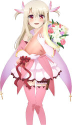 Rule 34 | 1girl, bare shoulders, blonde hair, blush, bouquet, cross, dress, fate/kaleid liner prisma illya, fate (series), feather hair ornament, feathers, flower, gloves, hair between eyes, hair ornament, holding, holding bouquet, illyasviel von einzbern, latin cross, long hair, looking at viewer, magical girl, open mouth, parted bangs, pink dress, pink sleeves, pink thigh boots, prisma illya, red eyes, red flower, red ribbon, ribbon, simple background, smile, solo, straight hair, thigh strap, thighhighs, white background, white gloves, zettai ryouiki