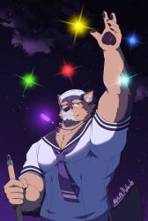 Rule 34 | 1boy, abs, absurdres, anchor print, animal ears, arm up, bara, brown fur, dog boy, dog ears, facial hair, floating, floating object, furry, furry male, glowing neckwear, goatee, hat, highres, holding, large pectorals, live a hero, male focus, mallards, muscular, muscular male, necktie, nipples, pectoral cleavage, pectorals, pubraseer (live a hero), purple necktie, sailor, sailor collar, sailor hat, sailor shirt, shirt, short hair, short necktie, sky, smile, solo, star (sky), starry sky, stomach, thick eyebrows, two-tone fur, upper body