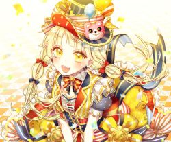 Rule 34 | :d, artist name, back bow, balloon, bang dream!, blonde hair, blue bow, blush, bow, bowtie, center frills, character hat ornament, checkered floor, commentary request, confetti, corset, dress, earrings, frilled dress, frills, group name, hair bow, hat, hat ribbon, highres, jewelry, korean commentary, long hair, looking at viewer, michelle (bang dream!), multicolored clothes, neck ribbon, open mouth, pennant, print headwear, red bow, ribbon, short sleeves, smile, striped bow, striped bowtie, striped clothes, striped neckwear, striped ribbon, top hat, tsurumaki kokoro, ttori, twintails, vest, yellow eyes