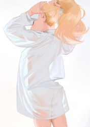 Rule 34 | 1girl, adjusting hair, blonde hair, closed eyes, from behind, high ponytail, highres, kn rookie, long hair, original, pointy ears, ponytail, see-through, see-through shirt, shirt, simple background, solo, standing, white background, white shirt