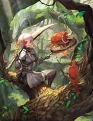 Rule 34 | 1girl, armor, belt, bird, breasts, brown eyes, cleavage, commentary request, fire, food, forest, frying pan, gauntlets, gorget, highres, holding, holding sword, holding weapon, in tree, lack, leaf, leg armor, long sleeves, looking at viewer, looking back, meat, medium breasts, multicolored hair, nature, open mouth, original, pleated skirt, red hair, short hair, shoulder pads, sitting, sitting in tree, skirt, smile, solo, streaked hair, sword, thighs, tree, weapon, white hair