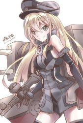 Rule 34 | 10s, 1girl, armor, bismarck (kancolle), blonde hair, blouse, blue eyes, breastplate, breasts, cannon, detached sleeves, hat, kantai collection, long hair, military, military hat, military uniform, morigami (morigami no yashiro), peaked cap, shirt, solo, thighhighs, turret, uniform