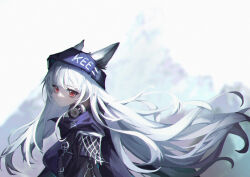 Rule 34 | 1girl, absurdres, arknights, asa achen, beanie, clothes writing, ears through headwear, floating hair, frostleaf (arknights), frostleaf (breaking the ice) (arknights), hat, headphones, headphones around neck, highres, long hair, official alternate costume, purple hat, purple shirt, red eyes, shirt, simple background, solo, upper body, very long hair, white background, white hair