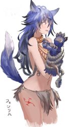 Rule 34 | 10s, 1girl, animal ears, animal hands, blue hair, bound, bound arms, bound wrists, fang, fenrir (shingeki no bahamut), granblue fantasy, highres, jewelry, kineshin, long hair, navel, necklace, open mouth, pink eyes, shingeki no bahamut, solo, tail, tied up, wolf ears, wolf tail