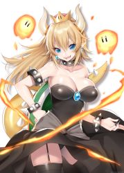 Rule 34 | 1girl, armlet, bare shoulders, black dress, black panties, black thighhighs, blonde hair, blue eyes, bowsette, bracelet, breasts, cleavage, collar, crown, dress, earrings, fang, fingernails, fire, hand on own hip, highres, horns, jewelry, large breasts, long fingernails, looking at viewer, mario (series), nail polish, nintendo, panties, pointy ears, skindentation, solo, spiked armlet, spiked bracelet, spiked collar, spikes, super crown, thick eyebrows, thighhighs, underwear, v-shaped eyebrows