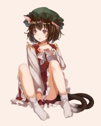 Rule 34 | 1girl, animal ears, bow, bowtie, brown eyes, brown hair, cat ears, cat tail, chen, chinese clothes, commentary request, earrings, frilled skirt, frills, green hat, hat, highres, jewelry, long sleeves, mob cap, multiple tails, nekomata, red skirt, red vest, sero3eta, shirt, short hair, simple background, single earring, sitting, skirt, socks, solo, tail, touhou, two tails, vest, white shirt, white socks