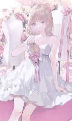 Rule 34 | 1girl, absurdres, bare shoulders, belda34, blonde hair, bow, breasts, cleavage, collarbone, cowboy shot, dress, figure, floral background, flower, grey eyes, highres, holding, holding shoes, medium breasts, original, parted lips, pink bow, pink flower, pink rose, rose, shoes, short hair, sidelocks, sitting, solo, white dress, white flower