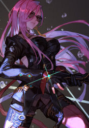 Rule 34 | 1girl, black gloves, black jacket, black pants, breasts, dnf duel, dungeon and fighter, female slayer (dungeon and fighter), gloves, gun, hair between eyes, hungry clicker, jacket, katana, large breasts, long hair, long sleeves, looking at viewer, pants, parted lips, pink hair, solo, spectre (dungeon and fighter), sunglasses, sword, thighs, weapon