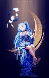 Rule 34 | 1girl, artist name, beamed quavers, blue eyes, blue hair, constellation, crescent moon, detached sleeves, dress, fingerless gloves, gloves, hair ornament, hairclip, hatsune miku, highres, long hair, moon, musical note, on crescent, open mouth, quaver, rabbit, rimuu, scarf, sitting, sitting on moon, staff (music), treble clef, twintails, very long hair, vocaloid, yuki miku, yukine (vocaloid)