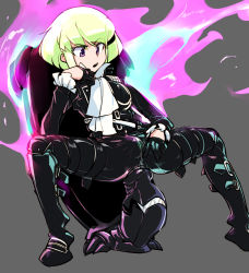 Rule 34 | 1boy, anus, ascot, bad id, bad pixiv id, beige background, bulge, dildo, doppel (bonnypir), full body, gloves, green hair, half gloves, highres, jacket, lio fotia, male focus, open mouth, promare, purple eyes, sex toy, simple background, sitting, solo, squatting