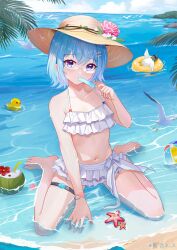1girl absurdres animal artist_name ball barefoot beach beachball bikini bird blue_eyes blue_hair breasts chinese_commentary cloud coconut commentary_request day eating flower food food_in_mouth frilled_bikini frills glasses hand_up hat hat_flower highres holding holding_food holding_ice_cream ice_cream looking_at_viewer ocean original outdoors palm_tree partially_submerged popsicle popsicle_in_mouth rubber_duck seagull semi-rimless_eyewear short_hair sitting small_breasts solo starfish sweat swimsuit thigh_strap tree wariza white_bikini xiongji_z_z yellow_hat