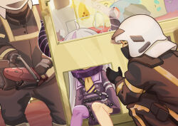 Rule 34 | 1girl, 2others, absurdres, ahoge, ambiguous gender, ascot, black gloves, black jacket, black pants, broken glass, coat, collar, commentary, covered face, crane game, demon girl, demon horns, english commentary, firefighter, firefighter jacket, glass, gloves, grey hair, helmet, highres, hololive, horns, jacket, la+ darknesss, la+ darknesss (1st costume), long hair, long sleeves, metal collar, multicolored hair, multiple others, nanachides, pants, purple coat, purple hair, purple horns, purple thighhighs, single thighhigh, squatting, streaked hair, striped horns, stuck, thighhighs, very long hair, virtual youtuber, yellow ascot
