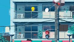 Rule 34 | animated, animated gif, blue sky, cat, clothes hanger, commentary request, day, mae 1031, no humans, original, outdoors, pixel art, power lines, railing, scenery, shirt, sky, traffic light, yellow shirt