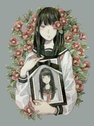 Rule 34 | 1girl, absurdres, black bow, black eyes, black hair, black sailor collar, bow, closed mouth, commentary, cropped torso, flower, flower over eye, flower request, grey background, highres, holding, long hair, long sleeves, looking at viewer, neckerchief, original, picture frame, red flower, red neckerchief, sailor collar, school uniform, serafuku, shirt, sidelocks, simple background, solo, sunago (7100nu), upper body, white shirt