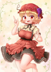 Rule 34 | 1girl, :d, aki minoriko, apron, arinu, barefoot, black skirt, blonde hair, choker, collared shirt, food, fruit, grapes, hat, highres, index finger raised, looking at viewer, mob cap, open mouth, plant, red apron, red eyes, red hat, shirt, short hair, short sleeves, skirt, smile, solo, standing, standing on one leg, touhou, yellow shirt