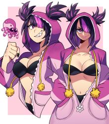 Rule 34 | 1girl, absurdres, black hair, black nails, breasts, cleavage, closed mouth, collarbone, fang, fang out, han juri, highres, large breasts, looking at viewer, maejpg ., multicolored hair, pajamas, parted lips, purple hair, sharp teeth, short hair, smile, solo, street fighter, street fighter 6, teeth