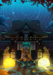 Rule 34 | 1girl, absurdres, architecture, autumn leaves, east asian architecture, hand fan, hatsune miku, highres, joyeac, kyoto, leaf, long hair, maple leaf, sitting, sky, star (sky), star trail, starry sky, very long hair, vocaloid