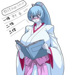 Rule 34 | 1girl, aoi (gegege no kitarou), blue eyes, blue hair, blue skin, blush, book, breasts, colored skin, gegege no kitarou, gigantic breasts, huge breasts, japanese clothes, monster girl, ponytail, toei animation, translation request, yuki onna