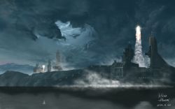 Rule 34 | cloud, halo: reach, halo (game), halo (series), highres, hira (zlpabrams), launching, liftoff, military base, night, no humans, scenery, science fiction, ship, spacecraft, water, watercraft