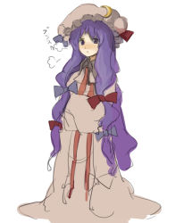 Rule 34 | 1girl, :t, bow, crescent, crossed arms, dress, female focus, hair bow, hat, kasa (hitori sanka), long hair, multiple hair bows, patchouli knowledge, pout, purple eyes, purple hair, robe, simple background, sketch, sleeves past wrists, solo, touhou, very long hair