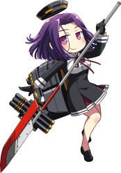 Rule 34 | 10s, 1girl, caffein, chibi, glaive (polearm), gloves, halberd, halo, kantai collection, looking at viewer, machinery, mechanical halo, personification, polearm, purple eyes, purple hair, ribbon, short hair, smile, solo, tatsuta (kancolle), weapon