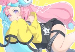Rule 34 | 1girl, :p, black shorts, blue hair, bow-shaped hair, character hair ornament, creatures (company), game freak, grey pantyhose, hair ornament, iono (pokemon), jacket, kaetaro 0107, long hair, long sleeves, looking at viewer, multicolored hair, nintendo, outline, pantyhose, pink eyes, pink hair, pokemon, pokemon sv, shorts, single leg pantyhose, sleeves past fingers, sleeves past wrists, solo, thigh strap, thighs, tongue, tongue out, twintails, two-tone hair, very long hair, white outline, yellow background, yellow jacket