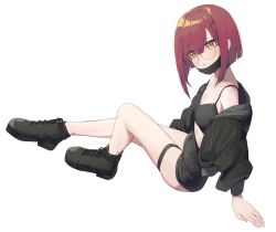 Rule 34 | 1girl, absurdres, bare shoulders, black bra, black footwear, black jacket, black skirt, bra, braid, breasts, brown eyes, brown hair, cleavage, commentary, drawstring, eyes visible through hair, full body, glasses, hair over one eye, highres, hood, hood down, hooded jacket, jacket, long sleeves, looking at viewer, looking to the side, mask, mask pull, mouth mask, off shoulder, open clothes, open jacket, original, parted lips, round eyewear, shoes, short hair, simple background, sitting, skirt, small breasts, solo, syhan, thick eyebrows, thigh strap, underwear, white background