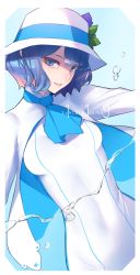 Rule 34 | 1girl, ban! (bansankan), blue background, blue eyes, blue hair, border, capelet, covered navel, dutch angle, hat, hydrokinesis, looking at viewer, original, parted lips, smile, solo, suntory, suntory nomu, virtual youtuber, water, white border