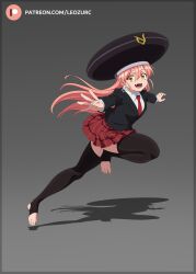 Rule 34 | 1girl, black headwear, black jacket, black thighhighs, breasts, collared shirt, commentary, earrings, english commentary, fang, full body, gina (undead unluck), gradient background, grey background, hair between eyes, heart, heart earrings, highres, jacket, jewelry, jumping, large hat, legs, leozurcxxx, long hair, long sleeves, looking at viewer, miniskirt, necktie, no shoes, open mouth, orange eyes, patreon logo, patreon username, pink hair, pleated skirt, red necktie, shadow, shirt, simple background, skirt, small breasts, smile, solo, stirrup legwear, suit jacket, thighhighs, thighs, toeless legwear, toenails, undead unluck, very long hair, white shirt
