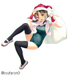 Rule 34 | 1girl, :d, arm up, bell, black thighhighs, blue one-piece swimsuit, breasts, brown hair, christmas wreath, commentary request, covered navel, fringe trim, full body, fur-trimmed headwear, fur trim, hair tie, hand up, hat, holding, holding sack, koutaro, long hair, looking at viewer, low twintails, medium breasts, old school swimsuit, one-piece swimsuit, open mouth, original, pink scarf, red eyes, red hat, sack, santa hat, scarf, school swimsuit, shoes, simple background, smile, solo, swimsuit, thighhighs, twintails, twitter username, uwabaki, white background, white footwear, wreath