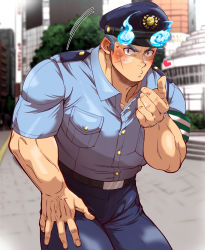 Rule 34 | 1boy, alternate pectoral size, aqua shirt, bara, beckoning, blue eyes, blue fire, blue hair, blue pants, blush, come hither, ear blush, facial scar, feet out of frame, fiery hair, fiery horns, fire, forked eyebrows, hand on own thigh, hat, highres, horns, kizami nori to yamaimo, large pectorals, looking at viewer, male focus, muscular, muscular male, official alternate costume, pants, pectorals, police, police hat, police uniform, policeman, sakimori toji, scar, scar on cheek, scar on face, shirt, short hair, sideburns, solo, sweatdrop, thick eyebrows, thick thighs, thighs, tokyo houkago summoners, uniform