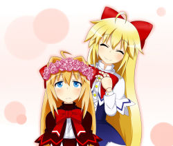 Rule 34 | 2girls, :c, ^ ^, ahoge, blonde hair, blue eyes, blush, bow, capelet, closed eyes, doll joints, dress, embarrassed, closed eyes, facing viewer, flower, flower wreath, frown, hair bow, hand on own chest, head wreath, high collar, hitotsubashi inari, hourai doll, joints, leaning, long hair, long sleeves, multiple girls, pink flower, pink rose, polka dot, polka dot background, rose, shanghai doll, smile, touhou, very long hair