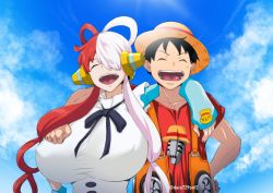 Rule 34 | 1boy, 1girl, absurdres, breasts, dais729sof, highres, huge breasts, monkey d. luffy, one piece, open mouth, smile, uta (one piece)