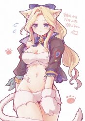Rule 34 | 1girl, animal ears, bell, blonde hair, blue eyes, blue ribbon, blush, breasts, cat day, cat ears, cat tail, celes chere, cleavage, closed mouth, commentary request, cowboy shot, crop top, final fantasy, final fantasy vi, fur-trimmed gloves, fur-trimmed shorts, fur trim, gloves, hair ribbon, highres, jacket, jingle bell, long hair, medium breasts, midriff, multicolored clothes, multicolored jacket, navel, neck bell, open clothes, open jacket, pan ff6, parted bangs, ribbon, shorts, sidelocks, simple background, solo, tail, translation request
