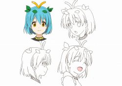 Rule 34 | 1girl, antennae, aqua hair, beluo77, character sheet, closed mouth, eternity larva, closed eyes, hair between eyes, jaggy lines, leaf, leaf on head, multiple views, open mouth, short hair, simple background, smile, touhou, white background, yellow eyes