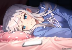 Rule 34 | 1girl, artist name, blue eyes, blue shirt, blurry, blurry foreground, cellphone, closed mouth, collared shirt, commentary request, copyright request, depth of field, eyebrows hidden by hair, frilled pillow, frilled shirt collar, frills, grey hair, long hair, lying, neck ribbon, official art, on side, phone, pillow, polka dot, ribbon, rosuuri, shirt, smile, solo, upper body, white ribbon