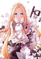 Rule 34 | 1girl, abigail williams (fate), abigail williams (festival outfit) (fate), black dress, blonde hair, blue eyes, blush, braid, butterfly hair ornament, dress, fate/grand order, fate (series), forehead, hair bun, hair ornament, hand up, heart, heroic spirit chaldea park outfit, highres, keyhole, long hair, long sleeves, looking at viewer, mutang, official alternate costume, parted bangs, parted lips, shirt, sidelocks, single hair bun, sleeveless, sleeveless dress, sleeves past fingers, sleeves past wrists, solo, stuffed animal, stuffed toy, teddy bear, very long hair, white background, white shirt