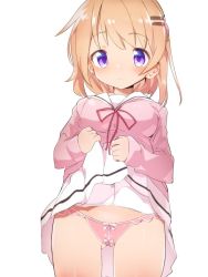 Rule 34 | 1girl, bad id, bad twitter id, blouse, blush, bow, bow panties, caburi, clothes lift, commentary request, cowboy shot, gluteal fold, gochuumon wa usagi desu ka?, hair ornament, hairclip, highres, hoto cocoa, hoto cocoa&#039;s school uniform, lifting own clothes, light brown hair, long sleeves, looking at viewer, neck ribbon, panties, pink panties, purple eyes, ribbon, school uniform, serafuku, shirt, skirt, skirt lift, solo, underwear, white shirt, white skirt