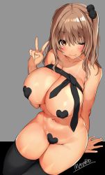Rule 34 | bad id, bad twitter id, black thighhighs, breasts, brown eyes, brown hair, candy, cleavage, convenient censoring, food, food in mouth, gal jk, grey background, hair ornament, huge breasts, lollipop, long hair, mataro (matarou), nail polish, navel, necktie, nude, original, pasties, shiny skin, side ponytail, signature, sitting, sitting on object, solo, thighhighs, v, white nails