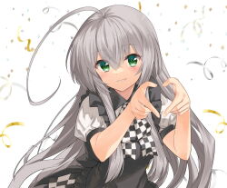 Rule 34 | 1girl, ahoge, apron, black apron, black trim, bow, checkered bow, checkered clothes, checkered trim, collar, collared apron, confetti, eyes visible through hair, floating hair, frilled apron, frilled collar, frills, green eyes, grey hair, grin, hair between eyes, haiyore! nyaruko-san, heart, heart hands, highres, huge ahoge, koin (foxmark), light blush, looking at viewer, nyarlathotep (nyaruko-san), official art, puffy short sleeves, puffy sleeves, shiny clothes, short sleeves, simple background, skirt, smile, solo, translucent hair, upper body, white background