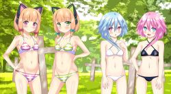 Rule 34 | 4girls, absurdres, black bra, black panties, blonde hair, blue archive, blue eyes, blue hair, bra, closed mouth, commission, cross, fang, female focus, forest, grass, green eyes, highres, kiniro tofu, looking at viewer, midori (blue archive), momoi (blue archive), multiple girls, nature, neptune (series), open mouth, outdoors, panties, pink eyes, pink hair, ram (neptunia), rom (neptunia), siblings, sisters, striped bra, striped clothes, striped panties, tree, twins, underwear, white bra, white panties, white sister ram, white sister rom