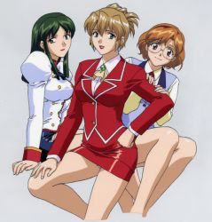 Rule 34 | 1990s (style), 3girls, agent aika, aida rion, aika (series), ascot, bare legs, blue eyes, brooch, brown eyes, brown hair, cropped legs, crystal earrings, delmo commander, earrings, expressionless, green eyes, grey background, hairband, hand on own hip, hand on own thigh, invisible chair, jewelry, juliet sleeves, light brown hair, long hair, long sleeves, looking at viewer, miniskirt, multiple girls, official art, open mouth, panties, pantyshot, pencil skirt, puffy sleeves, red skirt, retro artstyle, rimless eyewear, round eyewear, short hair, sidelocks, simple background, sitting, skirt, smile, sumeragi aika, underwear, vest, white delmo, yamauchi noriyasu